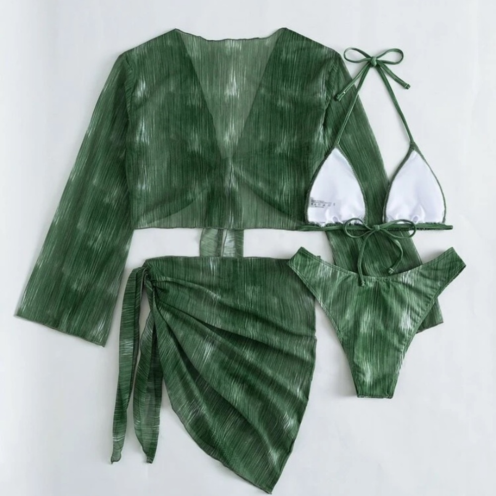 Green Three-Piece Swimsuit Set